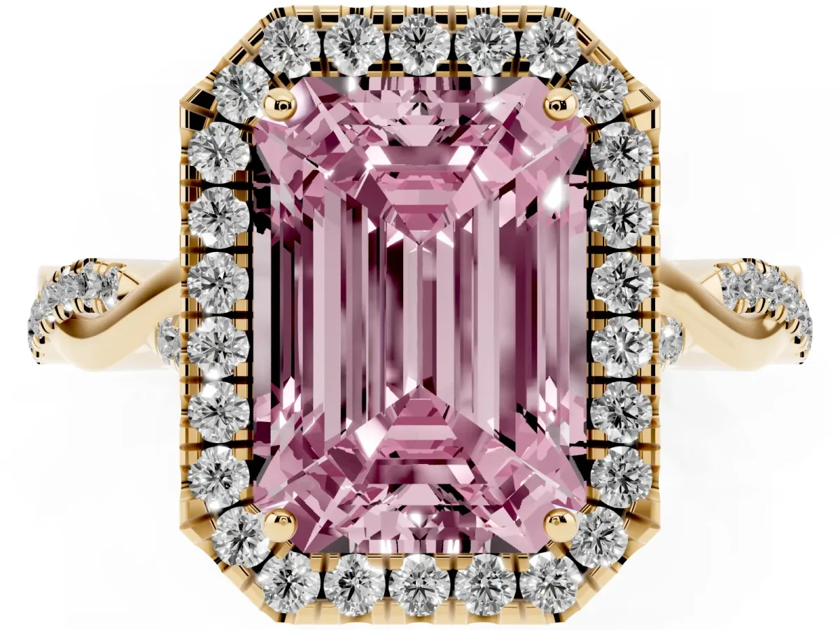Fancy Pink Emerald Cut Halo Twist Band Solitaire Ring Yellow gold