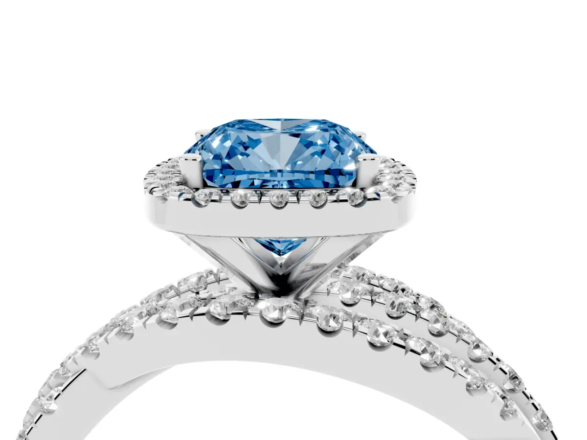 Fancy Blue Cushion Cut Diamond Halo Ring with Round Split Shank and Prong Setting Platinum
