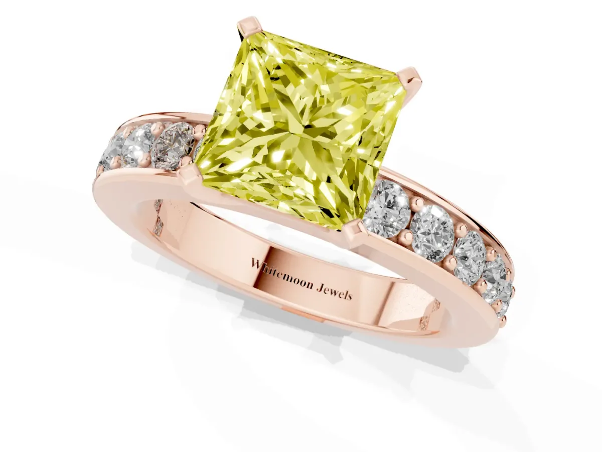 Fancy Yellow Princess Cut Diamond Engagement Ring with Channel Set Round Band and Prong Setting Rose gold