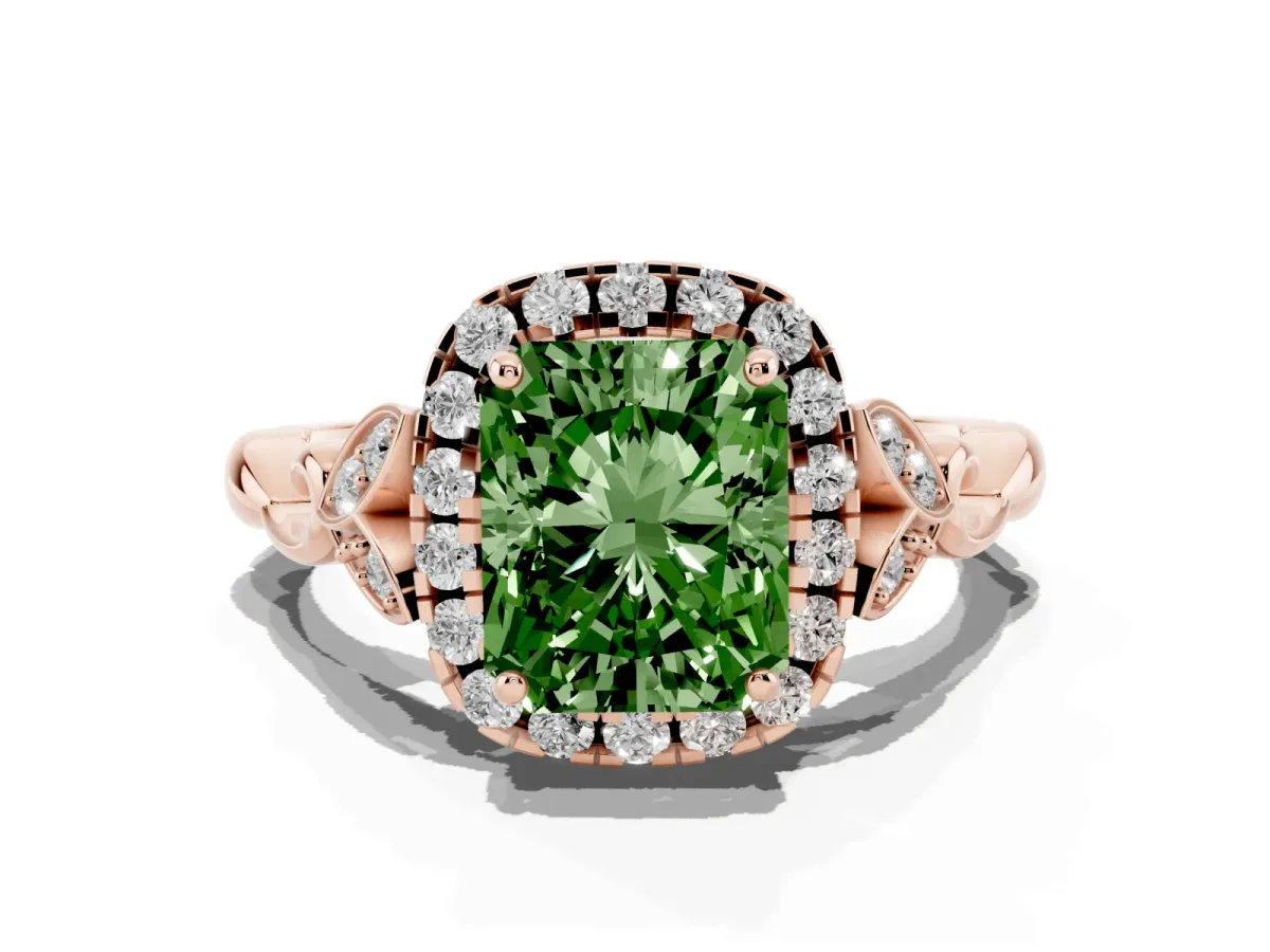 Fancy Green Radiant Cut Halo Diamond Engagement Ring with Vintage-Inspired Band and Four-Prong Setting Rose gold