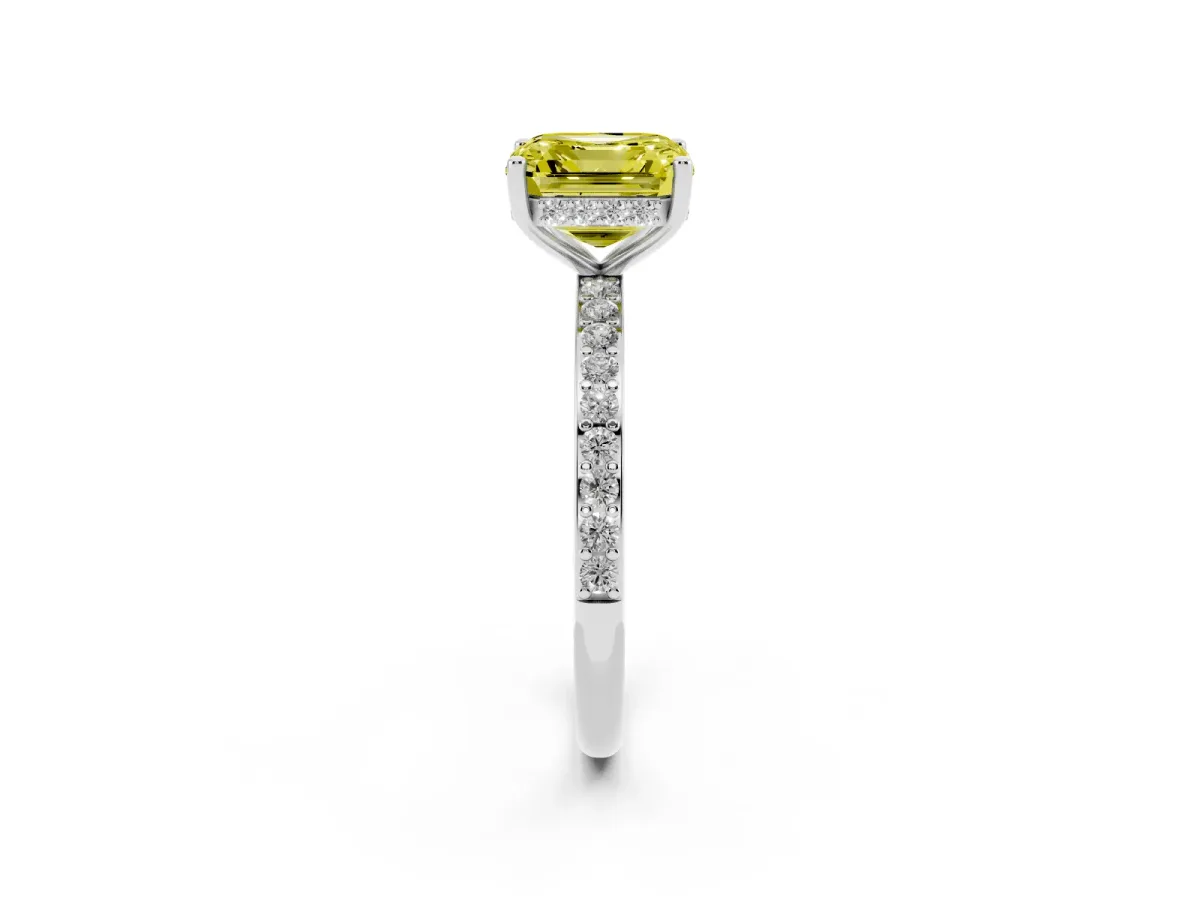 Fancy Yellow Asscher Cut Cut Diamond Pavé Band Ring with Four-Prong Setting Platinum