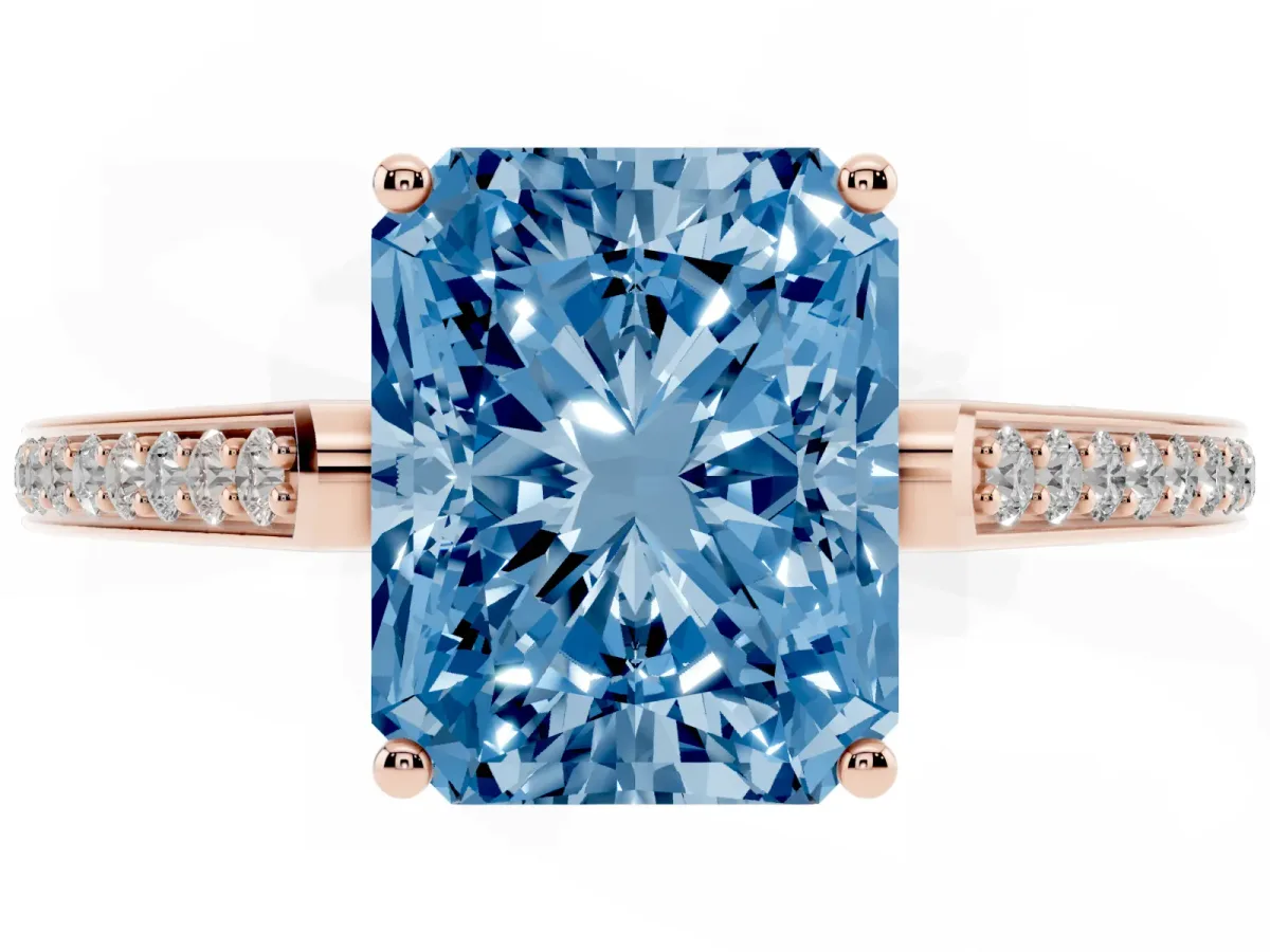 Fancy Blue Radiant Cut Cut Cathedral Pave Diamond Engagement Ring with Six-Prong Setting Rose gold