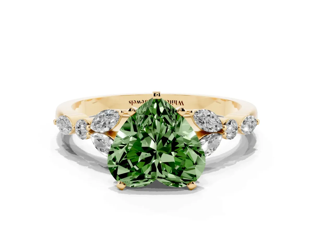 Fancy Green Heart Cut Diamond Solitaire Ring with Side Stones and Four-Prong Setting Yellow gold