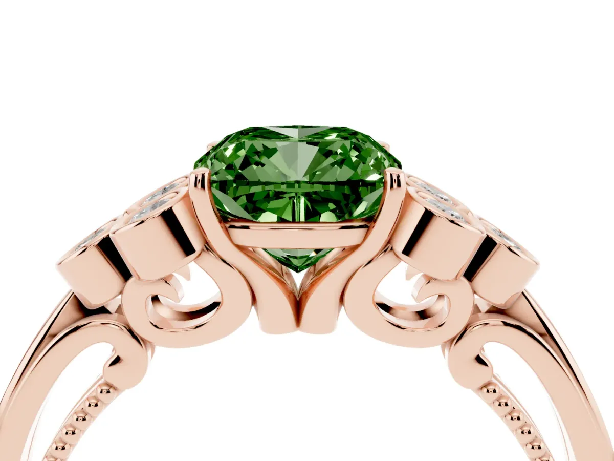 Fancy Green Cushion Cut Cut Diamond Engagement Ring with Bezel Set Round Side Stones and Prong Setting Rose gold