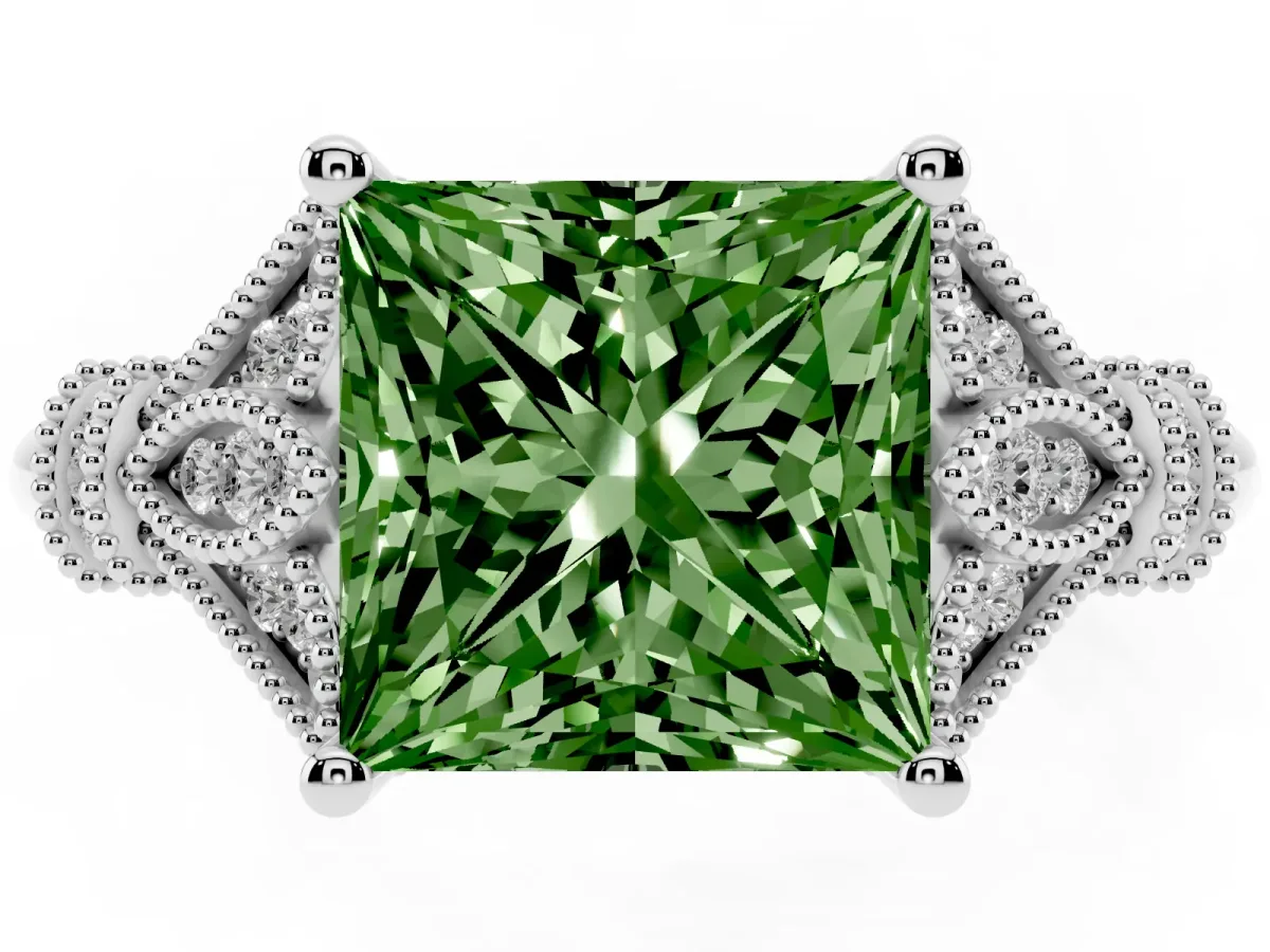 Fancy Green Princess Cut Diamond Solitaire Ring with Floral Filigree and Pave Accents White gold