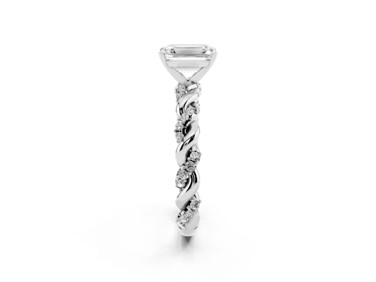 Emerald Cut Diamond Solitaire Ring with Twisted Band and Pavé Accents Silver