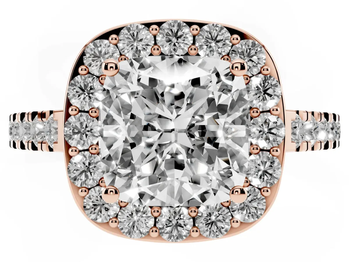 Cushion Cut Diamond Halo Ring with Round Pavé Split Shank and Prong Setting Rose gold