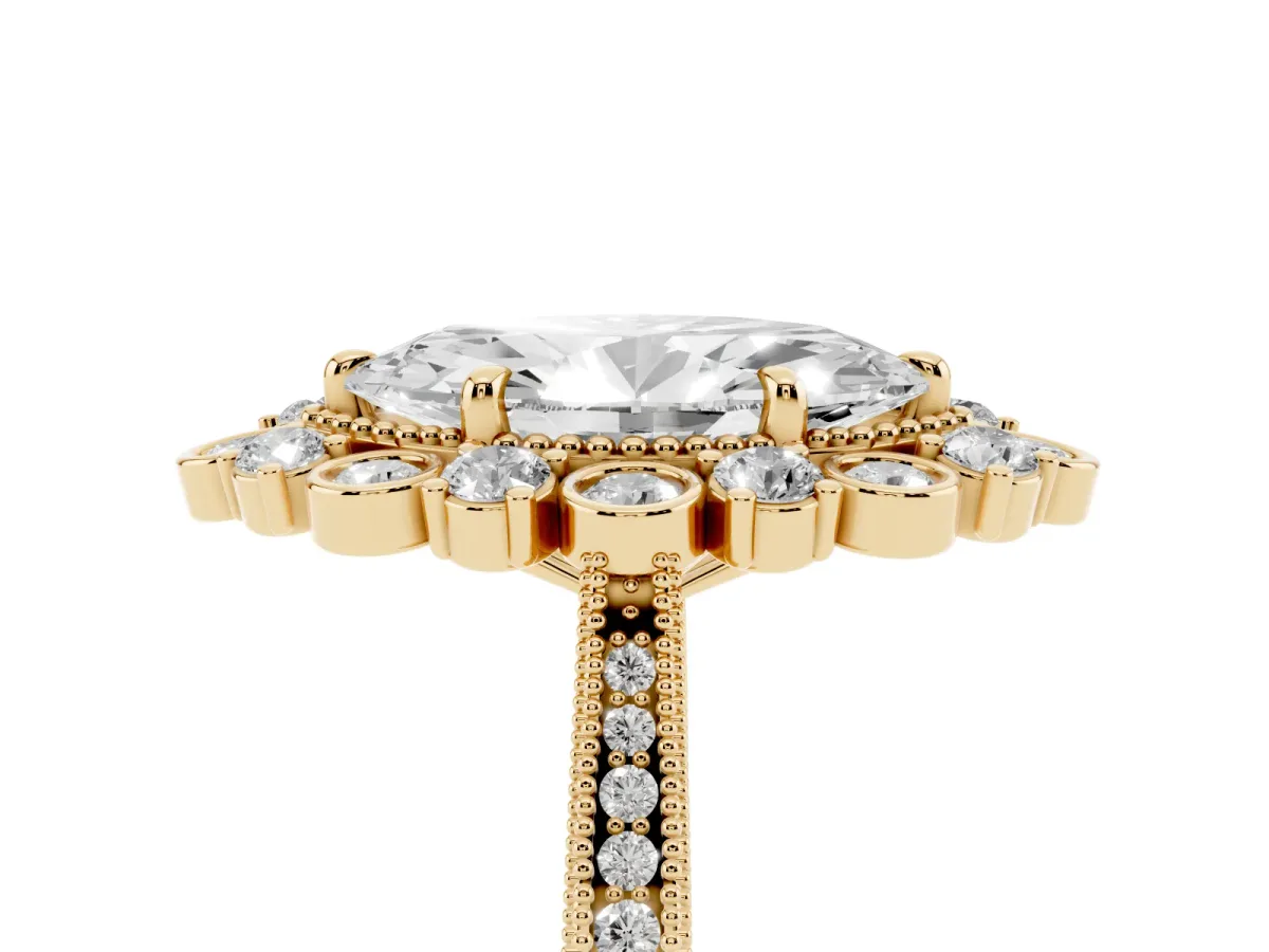 Marquise Cut Halo Milgrain Pave Diamond Ring with Four-Prong Setting Yellow gold