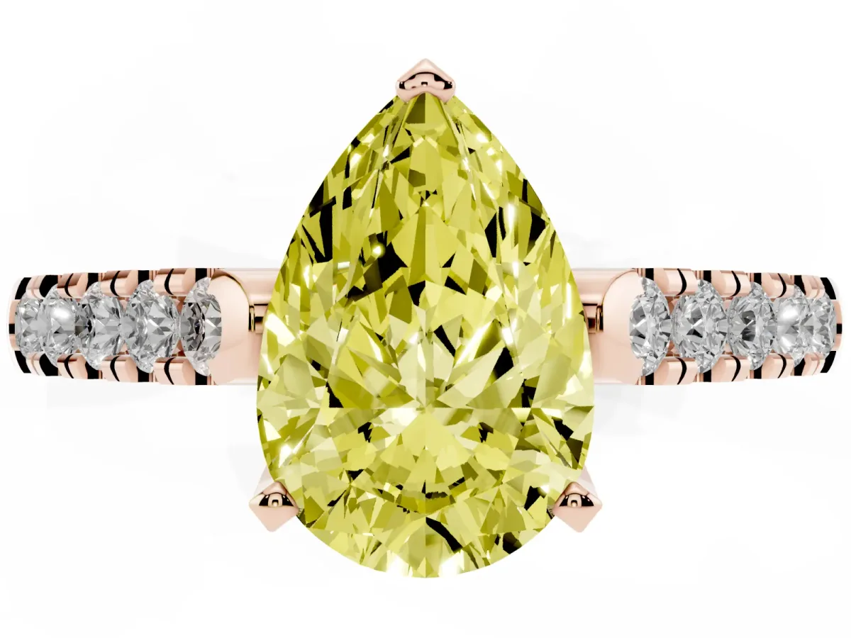 Fancy Yellow Pear Cut Diamond Pavé Band Solitaire Ring with Prong Setting Rose gold