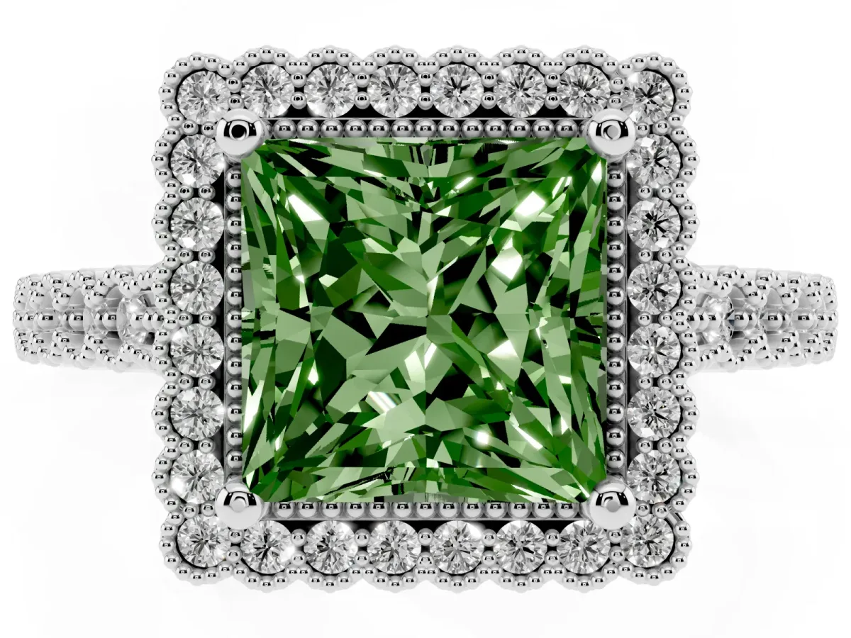 Fancy Green Princess Cut Cut Halo Pavé Solitaire Ring with Milgrain Band Platinum