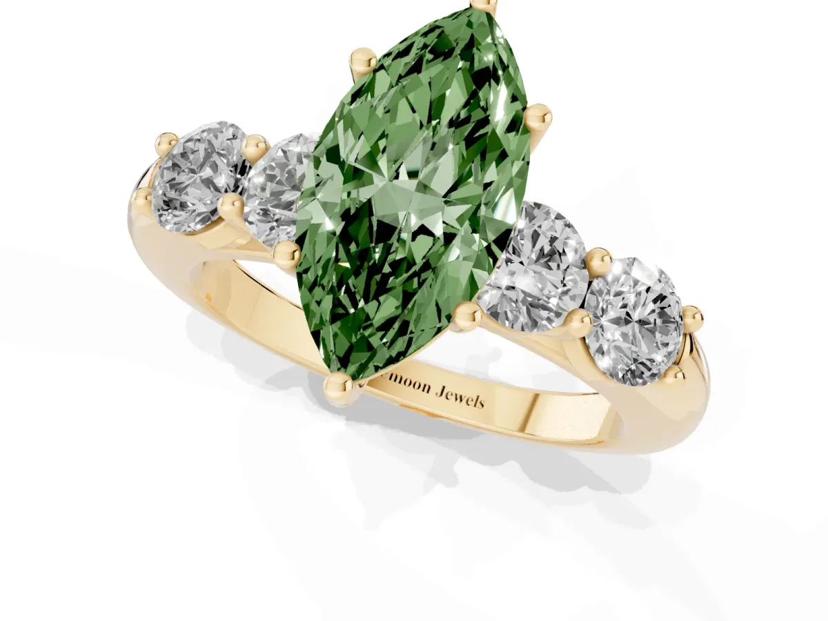 Fancy Green Marquise Cut Cut Five-Stone Prong Set Diamond Ring with Classic Band Yellow gold