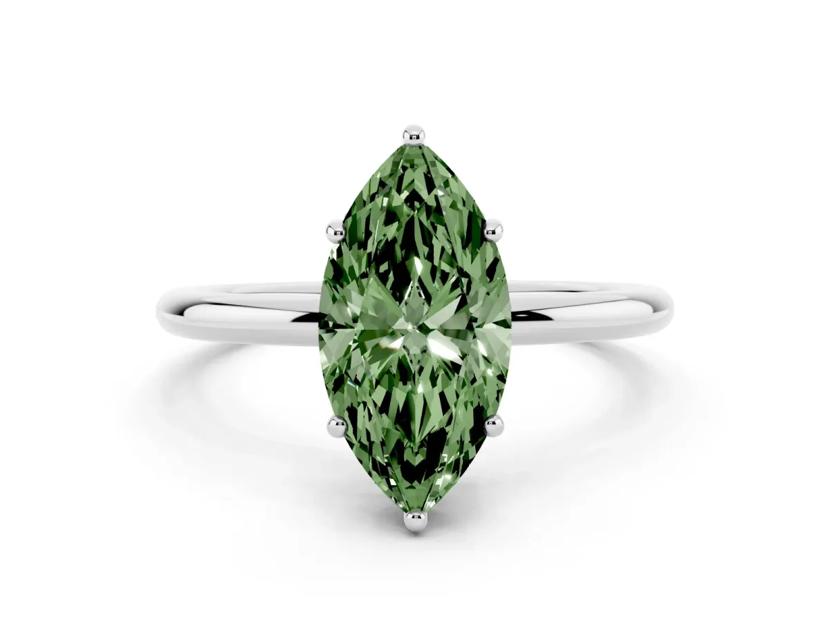 Fancy Green Marquise Cut Solitaire Diamond Ring with a Classic Band and Four-Prong Setting Platinum