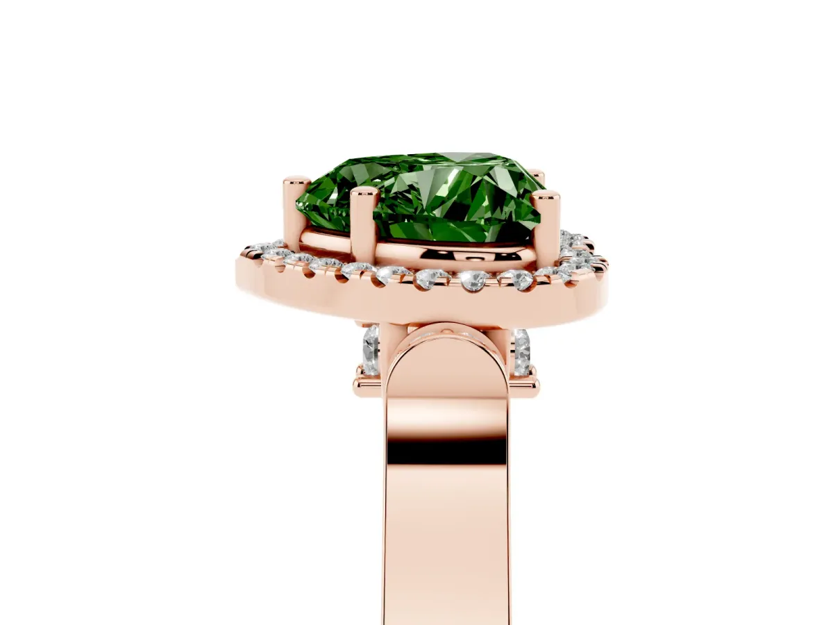Fancy Green Heart Cut Halo Round Diamond Twist Band with Four-Prong Setting Rose gold