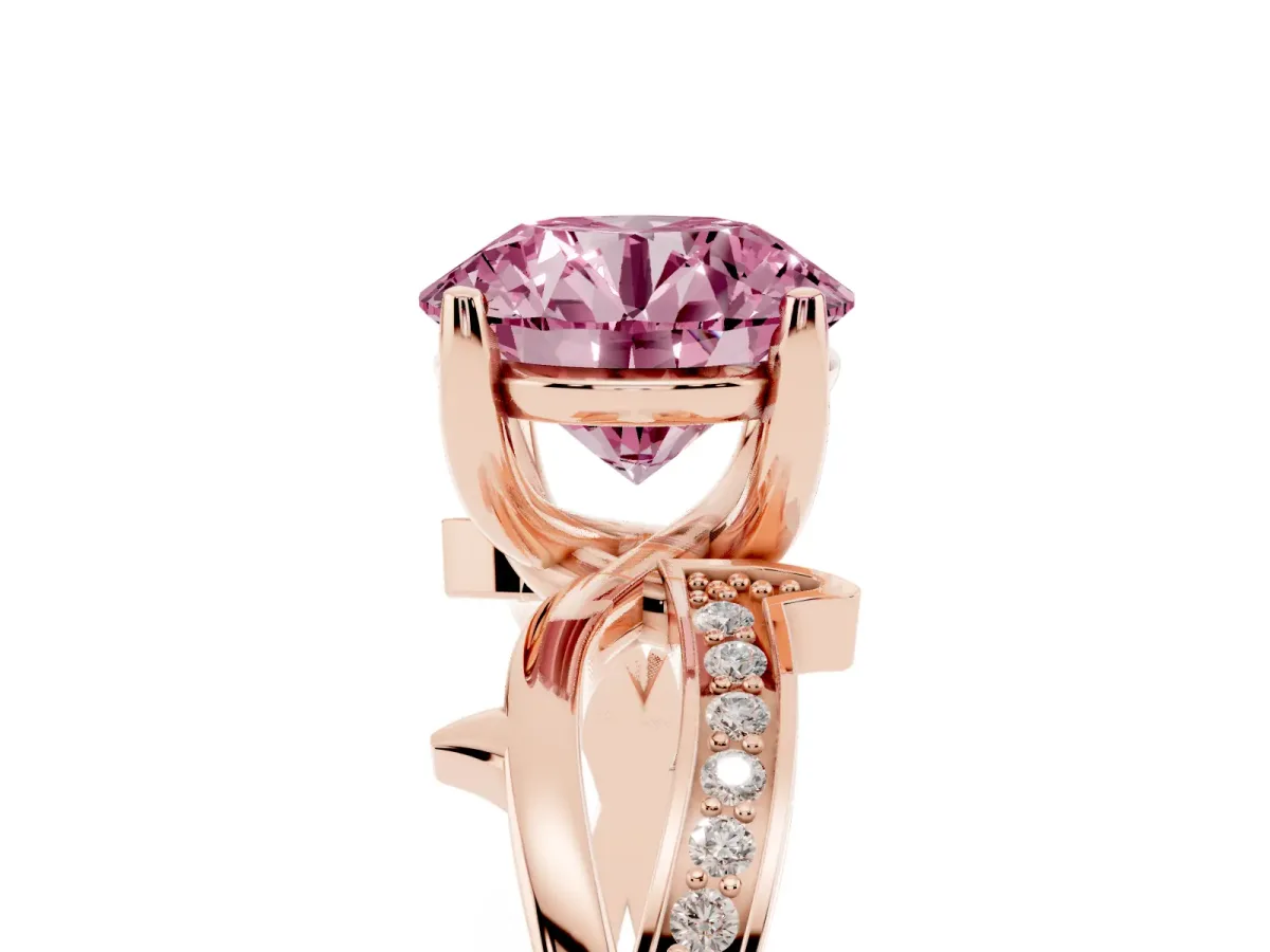 Fancy Pink Round Cut Solitaire Twist Band with Pavé Accents and Four-Prong Setting Rose gold