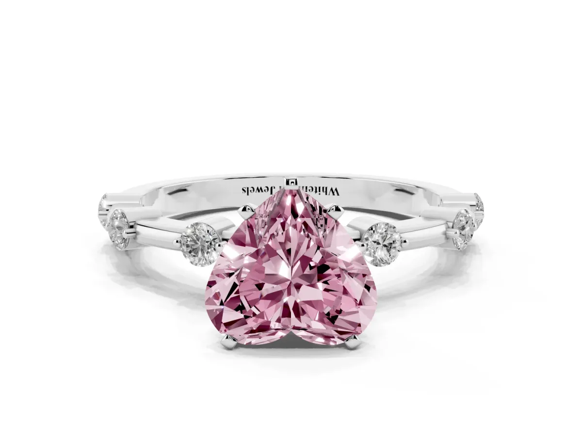 Fancy Pink Heart Cut Solitaire Diamond Ring with Bezel Set Side Stones and Prong Setting Silver