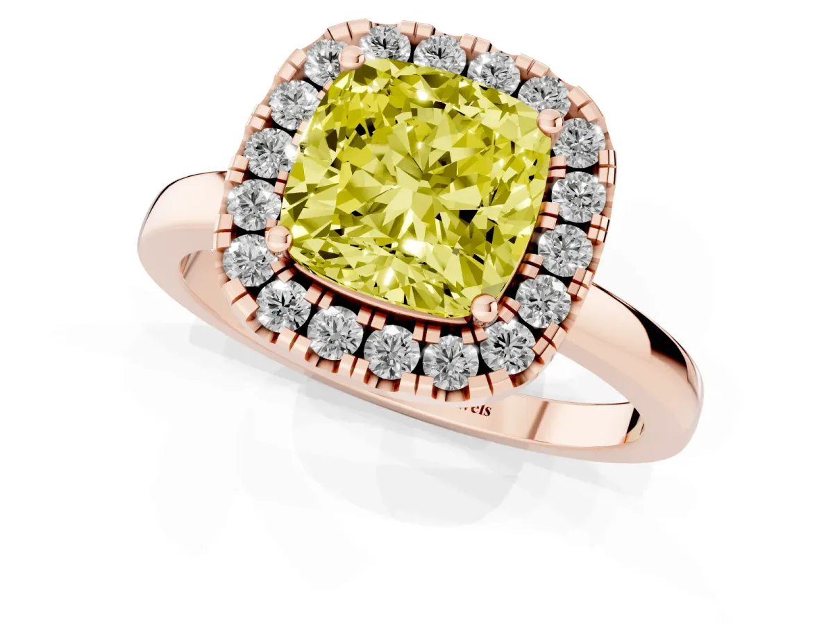 Fancy Yellow Cushion Cut Halo Diamond Solitaire with Pavé Band and Four-Prong Setting Rose gold