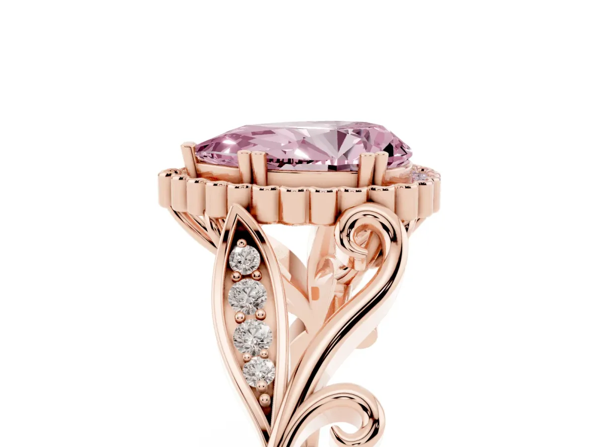 Fancy Pink Pear Cut Diamond Halo Ring with Vintage Split Shank and Four-Prong Setting Rose gold