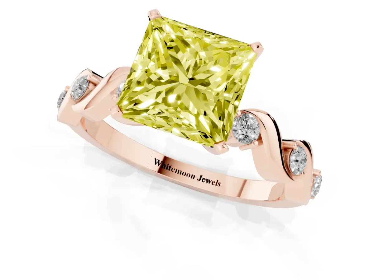 Fancy Yellow Princess Cut Diamond Solitaire Twisted Band with Round Accents and Prong Setting Rose gold