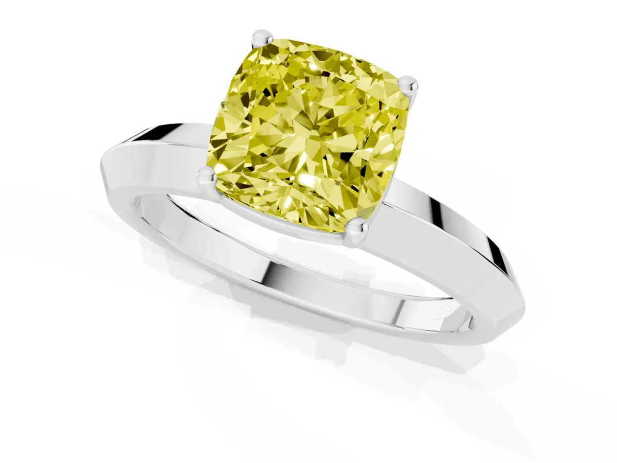 Fancy Yellow Cushion Cut Cut Solitaire Engagement Ring with Flat Band and Four-Prong Setting Platinum