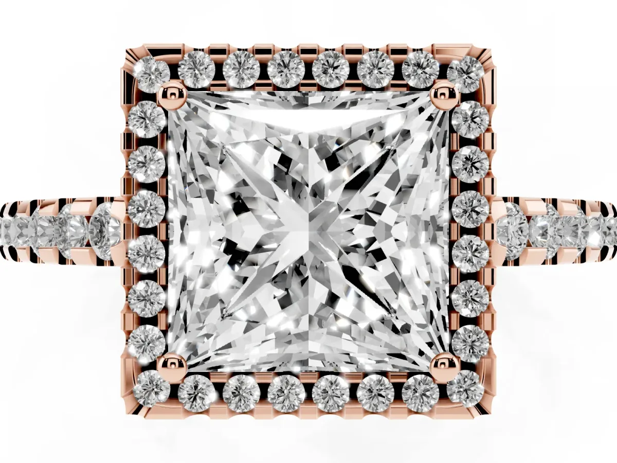 Princess Cut Diamond Halo Engagement Ring with Pavé Band and Prong Setting Rose gold