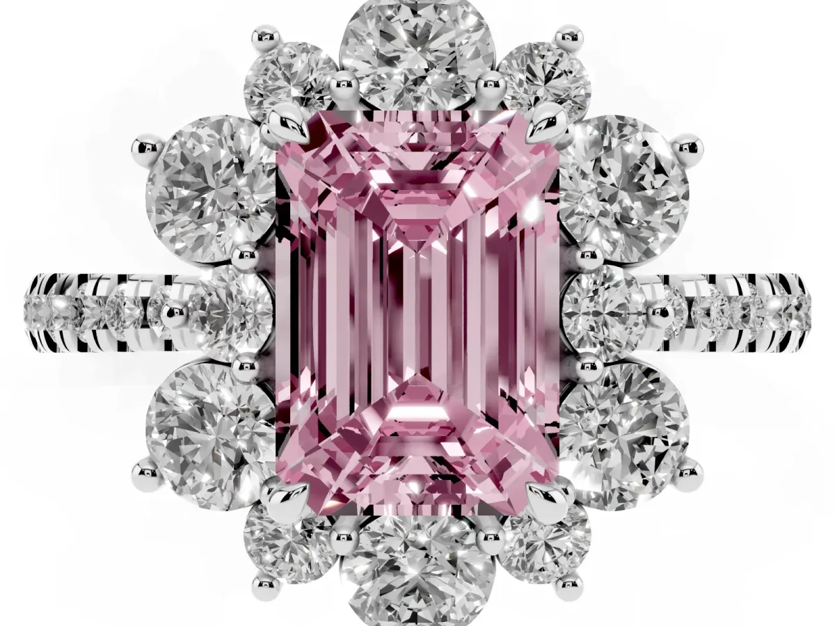 Fancy Pink Emerald Cut Diamond Floral Halo Ring with Round Pavé Band and Prong Setting Platinum