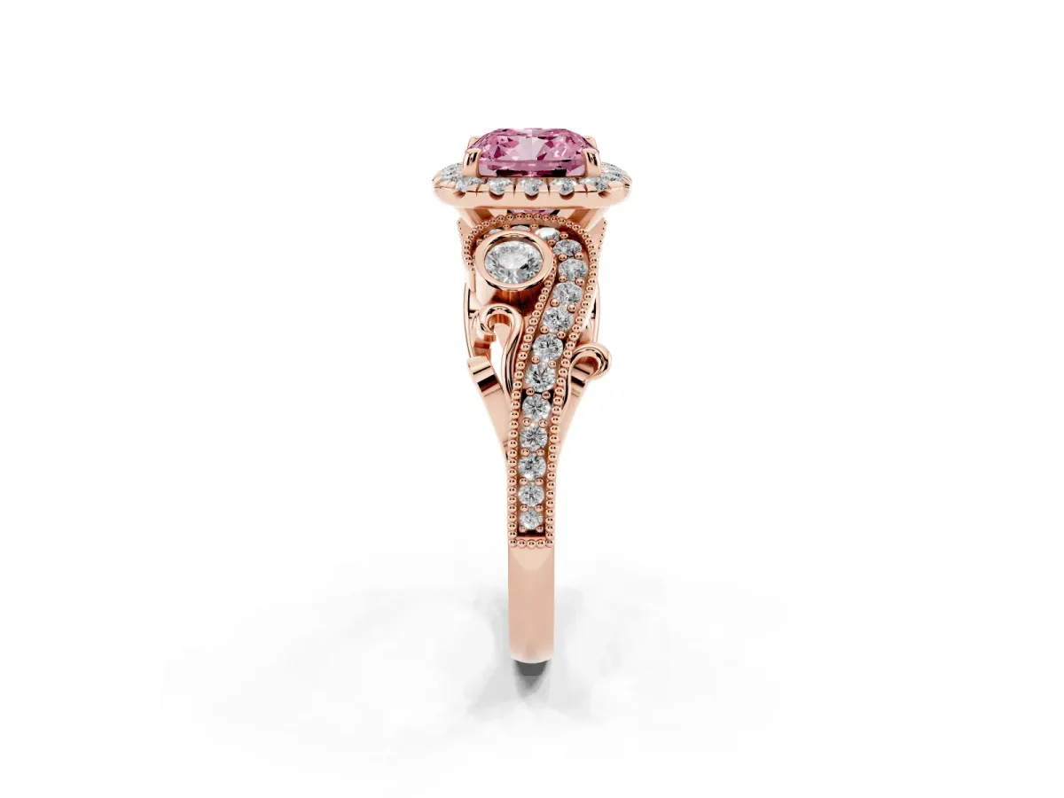 Fancy Pink Cushion Cut Diamond Halo Ring with Milgrain Pavé Band and Four-Prong Setting Rose gold