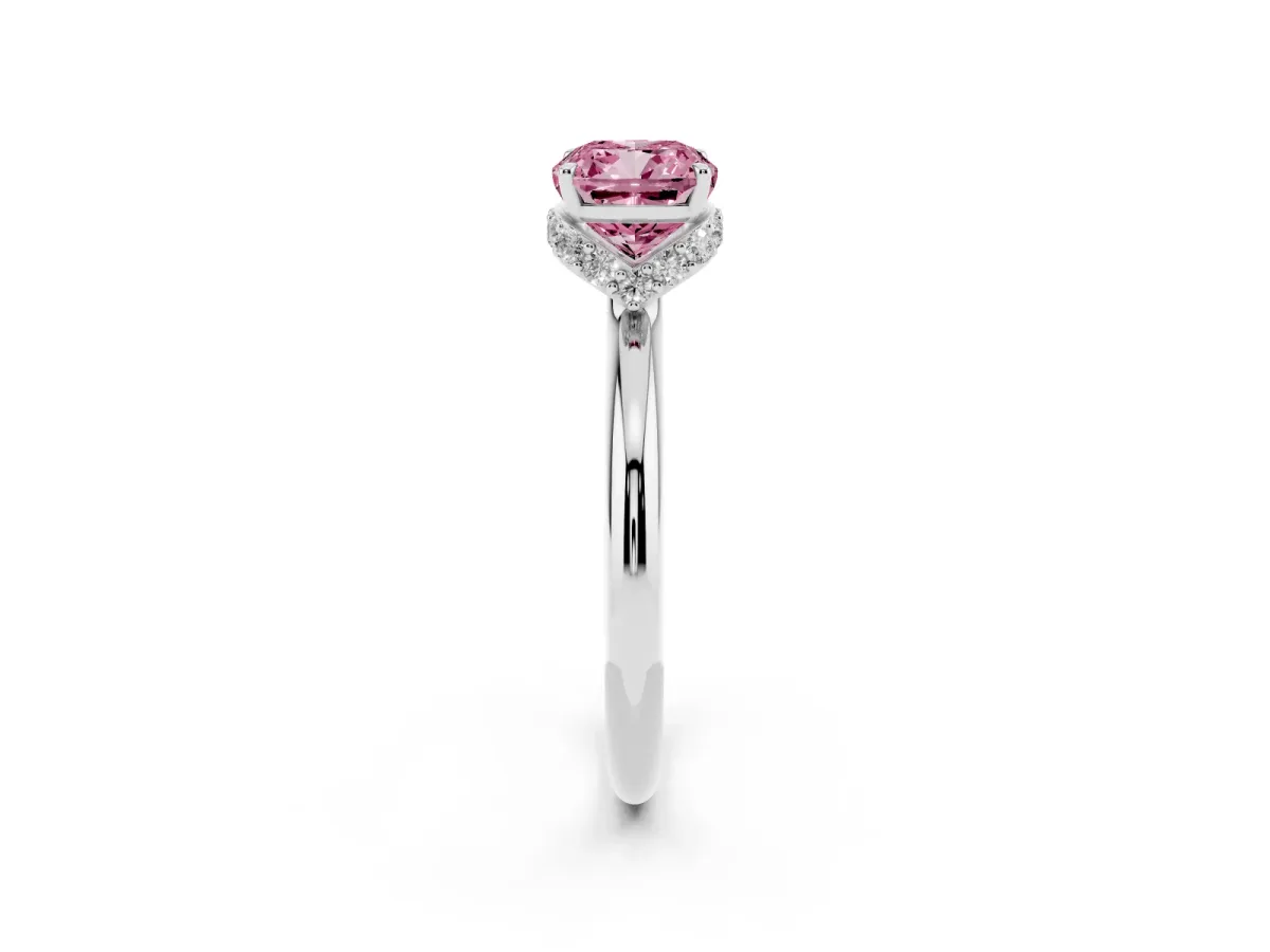 Fancy Pink Cushion Cut Brilliant Solitaire Engagement Ring with Six-Prong Setting and Classic Band Silver