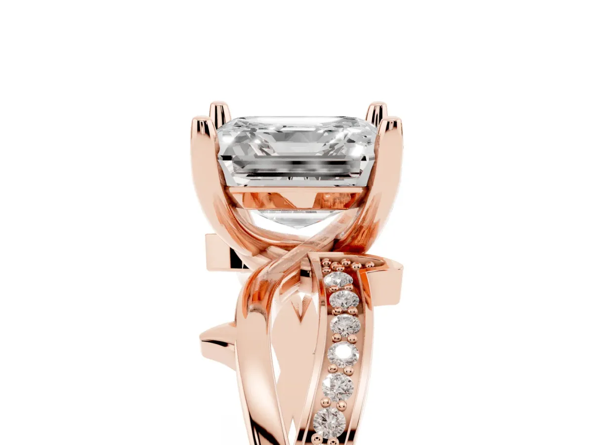 Asscher Cut Solitaire Twist Band with Pavé Accents and Four-Prong Setting Rose gold
