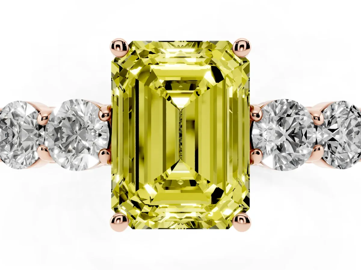 Fancy Yellow Emerald Cut Cut Diamond Five-Stone Prong Set White Gold Ring Rose gold