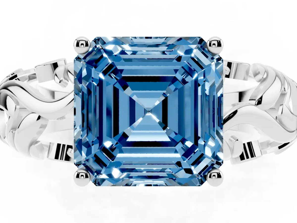 Fancy Blue Asscher Cut Solitaire Diamond Leaf-Inspired Vine Band Ring with Prong Setting Platinum
