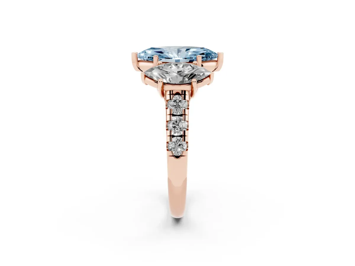 Fancy Blue Three-Stone Marquise Cut Diamond Pavé Band with Prong Setting Rose gold