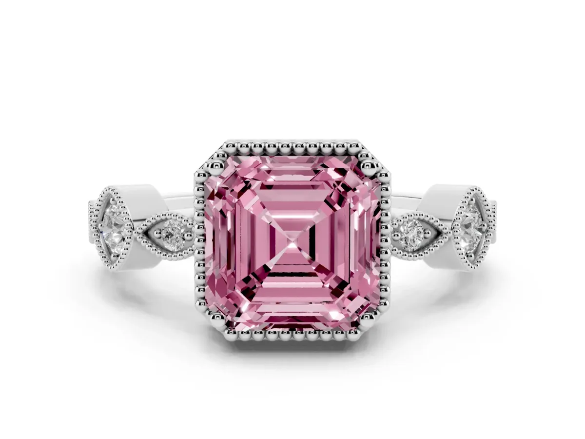 Fancy Pink Asscher Cut Diamond Vintage Milgrain Ring with Round Stations Platinum