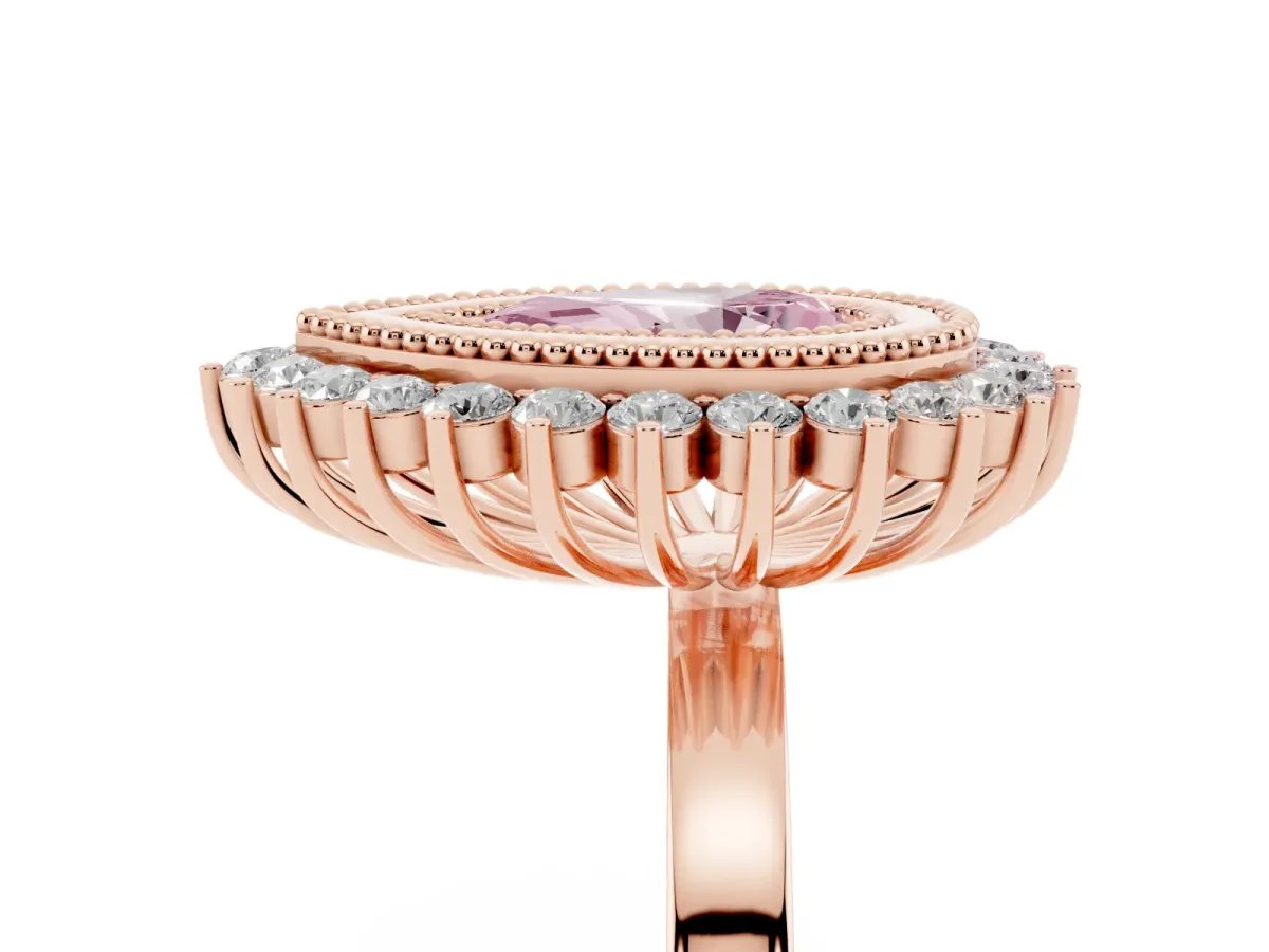 Fancy Pink Pear Cut Halo Diamond Ring with Milgrain Edge and Round Prong Setting Rose gold