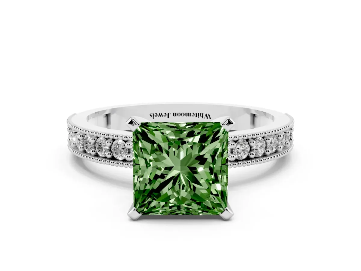 Fancy Green Princess Cut Diamond Milgrain Pavé Engagement Ring with Four-Prong Setting Silver
