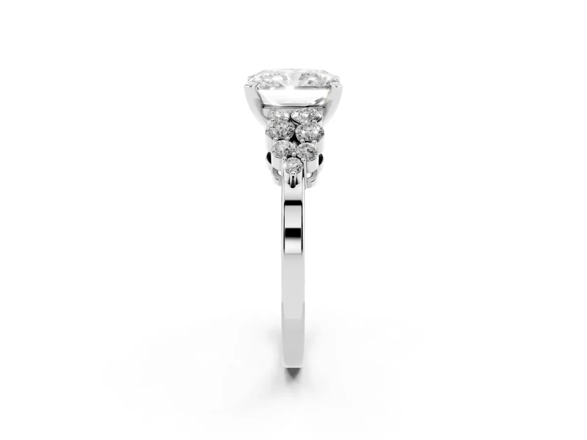 Radiant Cut Cluster Diamond Engagement Ring with Pavé Band and Four-Prong Setting Silver