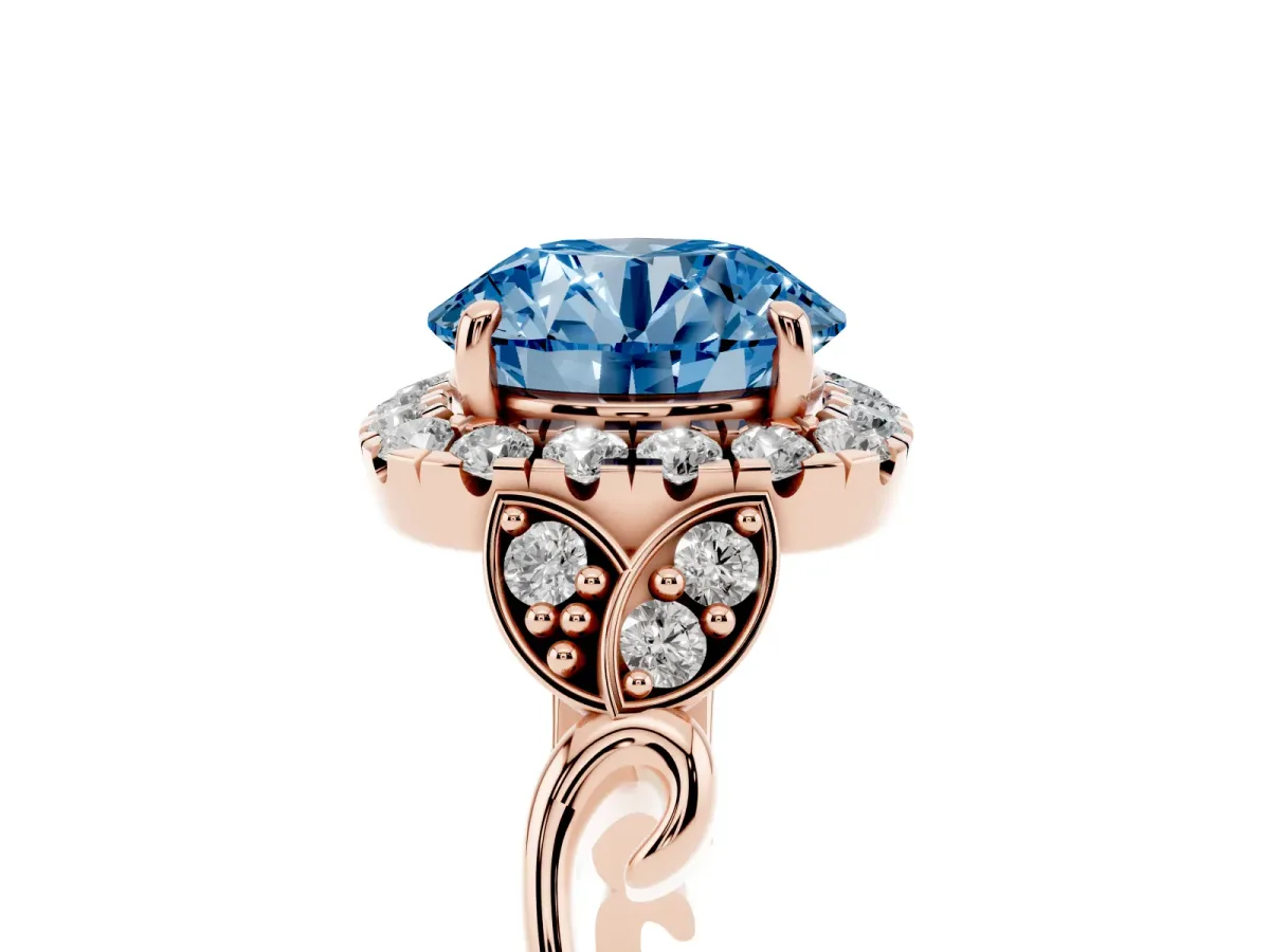 Fancy Blue Round Cut Halo Diamond Engagement Ring with Vintage-Inspired Band and Four-Prong Setting Rose gold