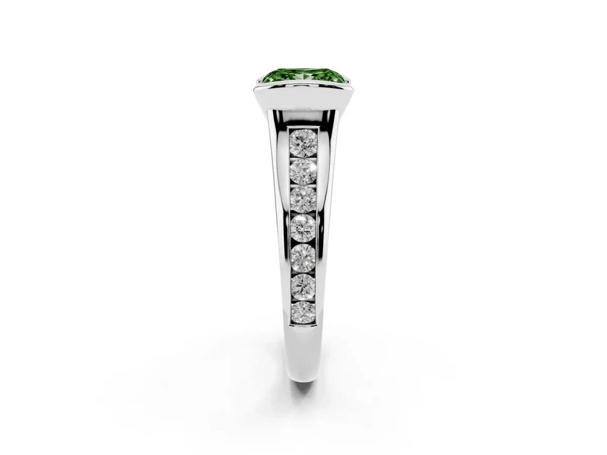 Fancy Green Princess Cut Solitaire Bezel-Set Diamond Ring with Channel-Set Band Silver