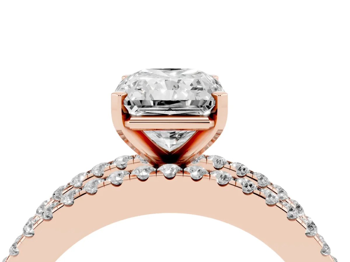 Radiant Cut Diamond Solitaire Ring with Pavé and Channel Set Band Rose gold
