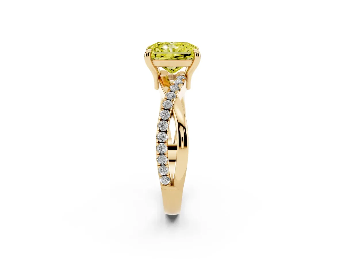Fancy Yellow Radiant Cut Cut Diamond Twist Band Solitaire with Prong Setting Yellow gold