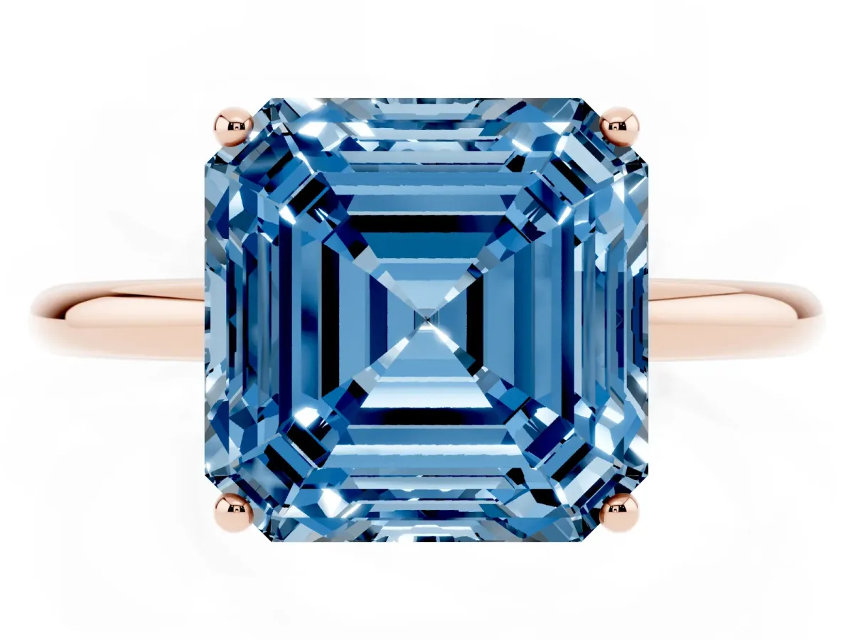 Fancy Blue Asscher Cut Solitaire Diamond Ring with a Classic Band and Four-Prong Setting Rose gold