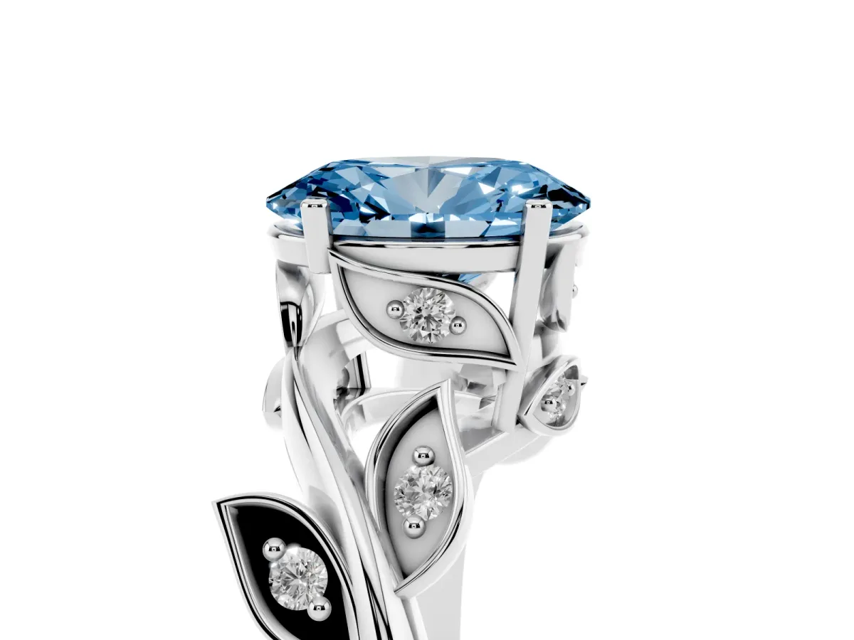 Fancy Blue Oval Cut Solitaire Twist Engagement Ring with Leaf Accents and Prong Setting Silver
