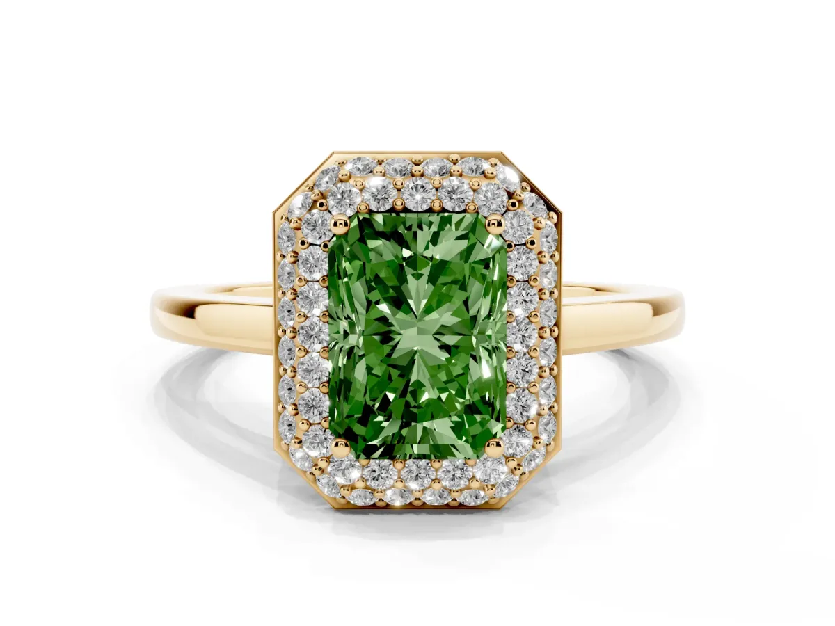 Fancy Green Radiant Cut Halo Diamond Engagement Ring with Solitaire Band and Four-Prong Setting Yellow gold