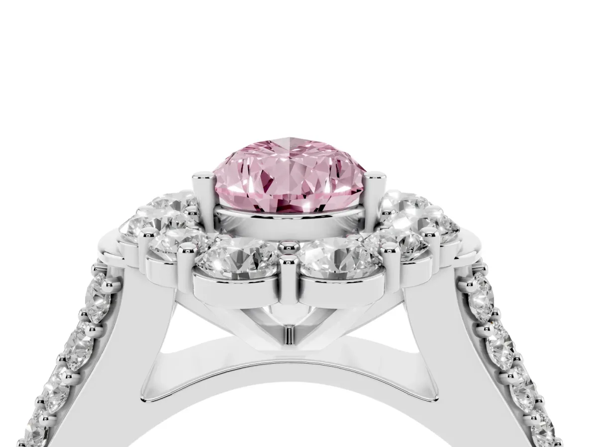 Fancy Pink Pear Cut Halo Diamond Engagement Ring with Split Shank and Prong Setting Platinum