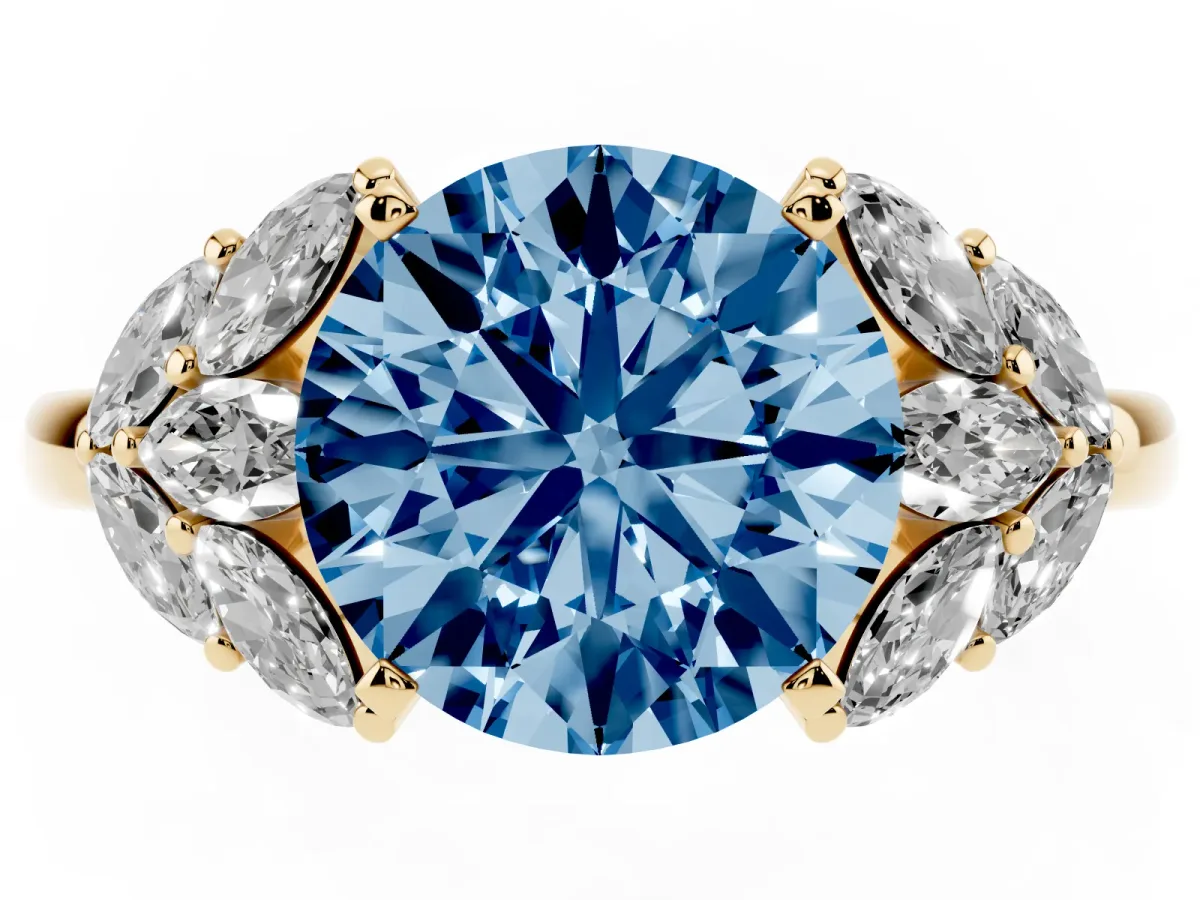 Fancy Blue Round Cut Diamond Cluster Leaf Design Ring with Prong Setting Yellow gold