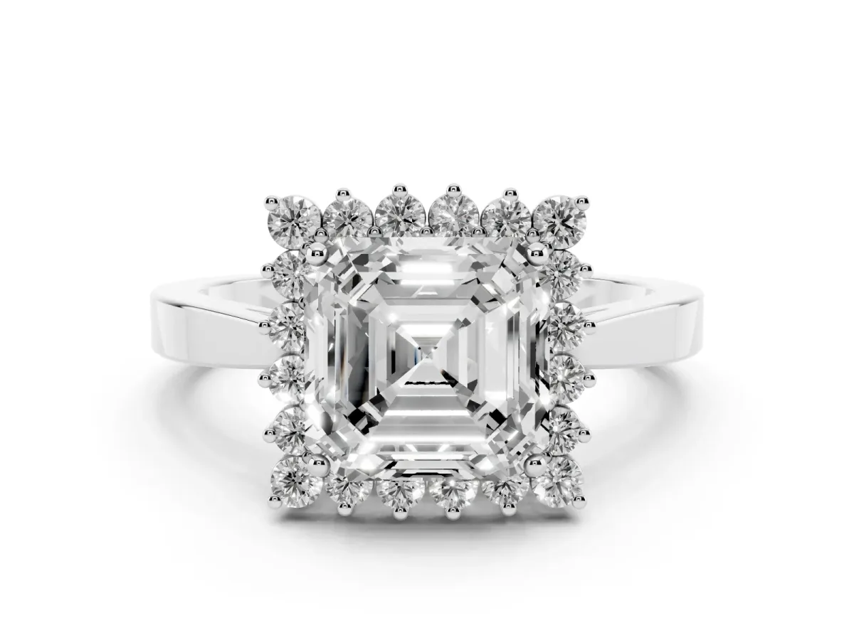Asscher Cut Cut Diamond Halo Ring with Round Brilliant Halo and Solitaire Band Silver