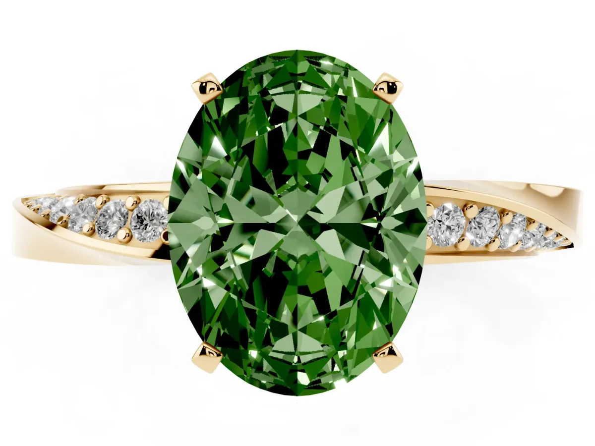 Fancy Green Oval Cut Diamond Engagement Ring with Side Stone Accents and Four-Prong Setting Yellow gold