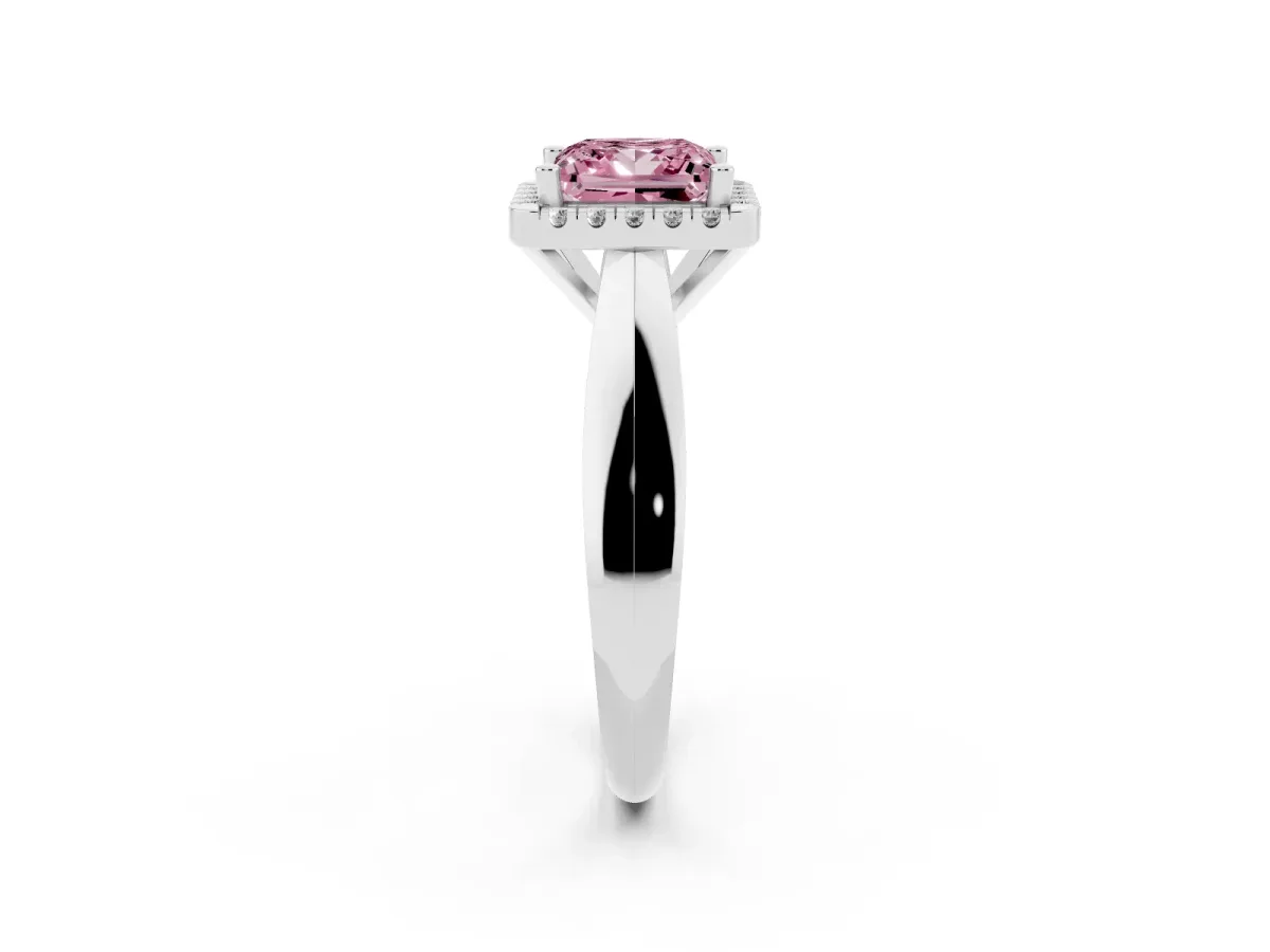 Fancy Pink Princess Cut Cut Halo Solitaire Engagement Ring with Square Band and Four-Prong Setting White gold