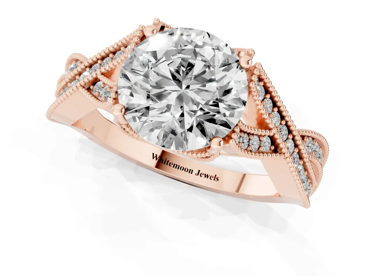 Round Cut Cut Diamond Twisted Band with Milgrain Pave Setting and Four-Prong Setting Rose gold