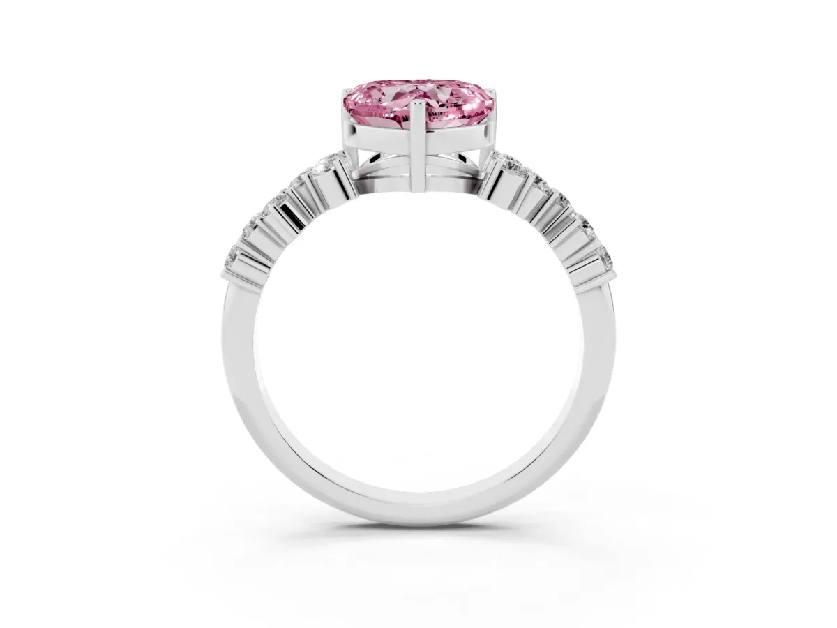 Fancy Pink Heart Cut Diamond Scattered Round Accent Ring with Prong Setting White gold