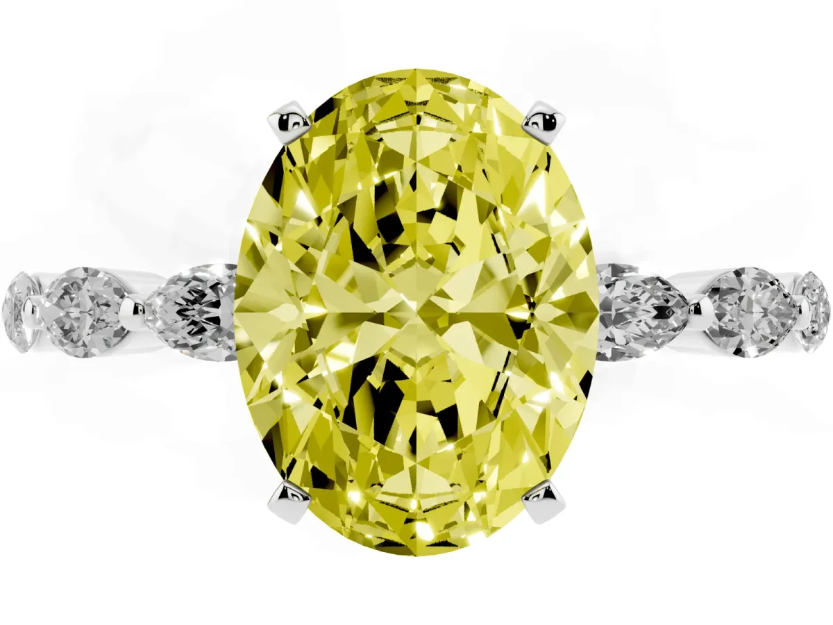Fancy Yellow Oval Cut Diamond Ring with Marquise Side Stones and Prong Setting Platinum